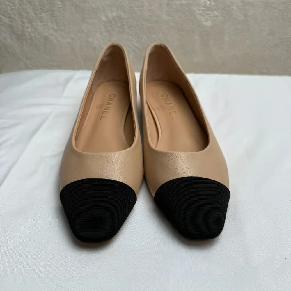 Designer Inspired Beige & Black Cap Toe Ballerina Flats Size 40 (US 9) old money - Picture 6 of 12